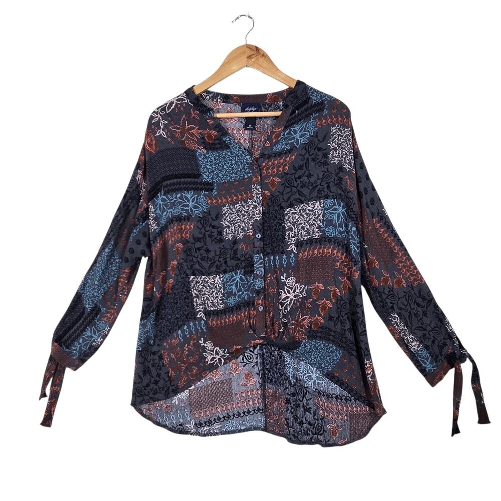 Daytrip Top M Gray Patchwork Print Twist Front Boho Tie Sleeve Tunic Festival